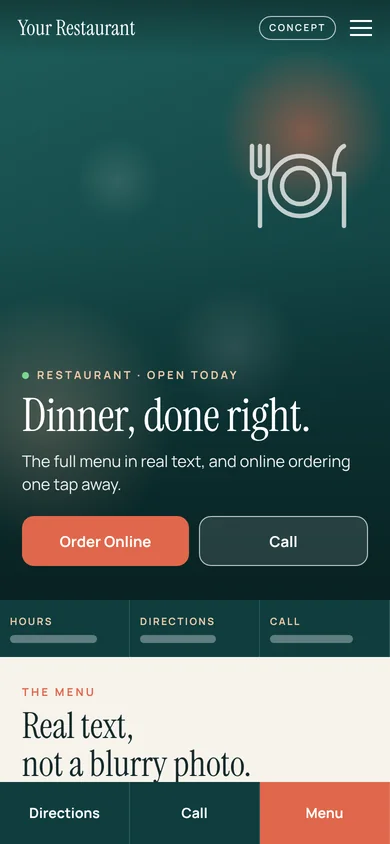 Concept restaurant website design on a phone, with the menu in text, tap-to-call and an Order Online button.